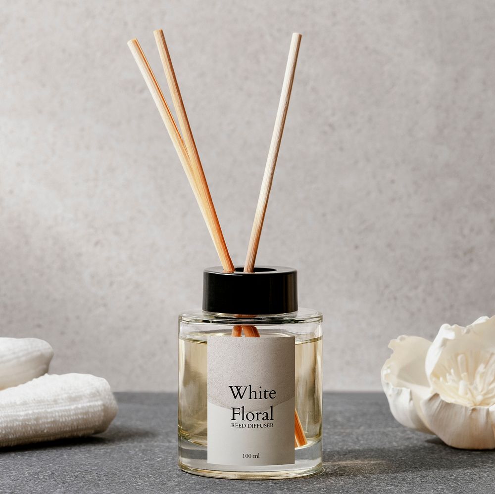Label mockup psd, home aroma reed diffuser bottle