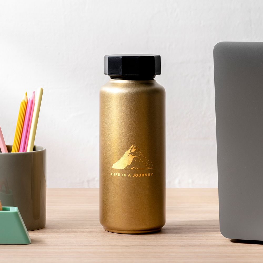 Gold water bottle mockup psd, insulated stainless steel bottle