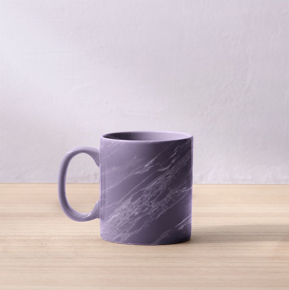 Coffee mug mockup psd, purple marble design