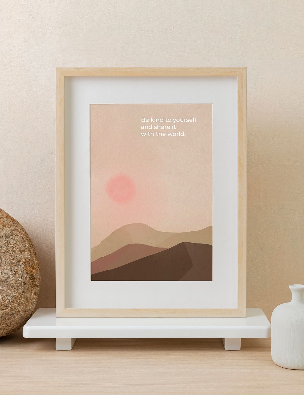 Photo frame mockup, beige home decor, psd motivational quote