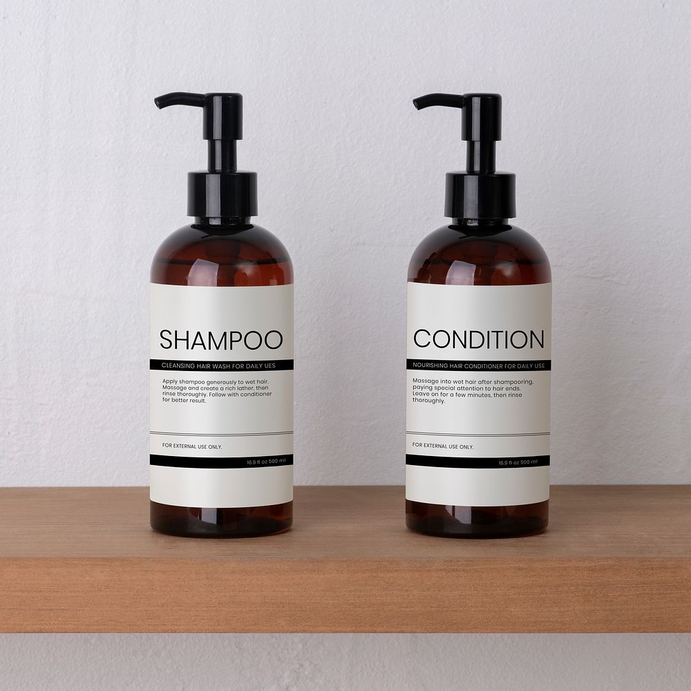 Organic shampoo and conditioner bottles, simple hair product packaging design
