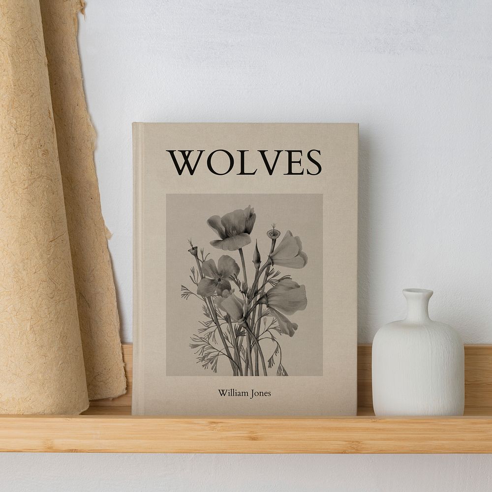 Beige book on wooden shelf, clean room interior design