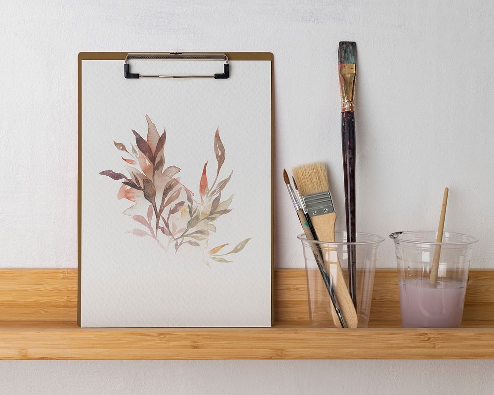 Clipboard mockup psd, vintage floral watercolor art, on a shelf