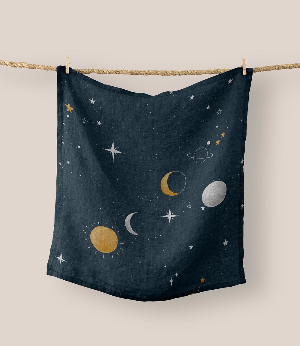 Printed towel mockup, earth galaxy pattern design psd