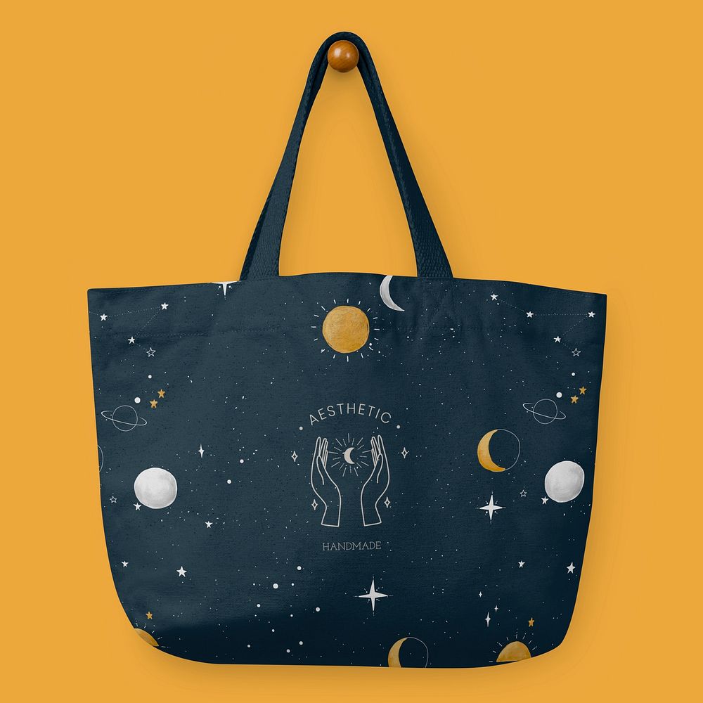 Canvas tote bag, navy printed celestial art pattern, realistic design