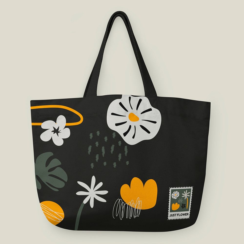 Canvas tote bag, black printed floral pattern, realistic design