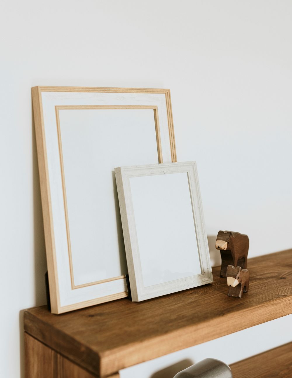 Empty wooden frame, aesthetic kids playroom, home decor