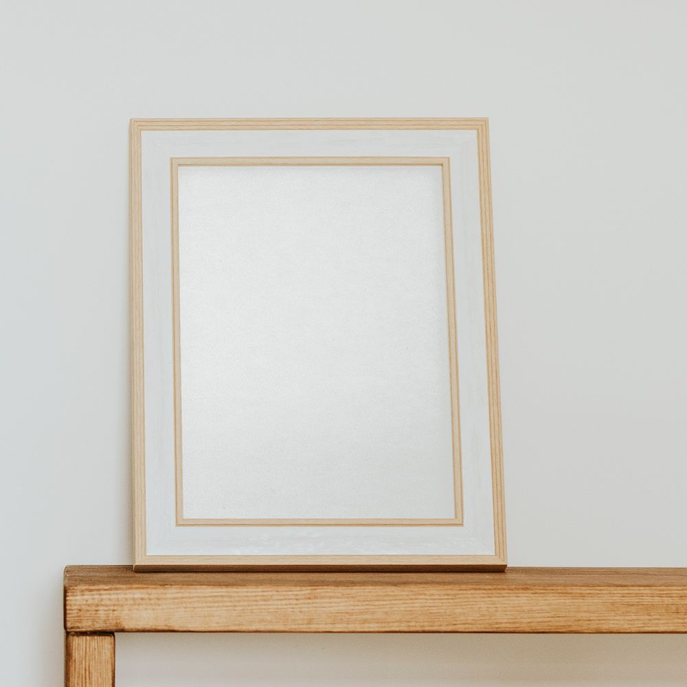 Empty aesthetic frame, home decor on shelf