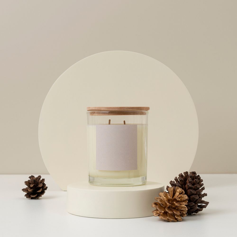 Aromatic candle, wooden lid, home spa aesthetic product backdrop design