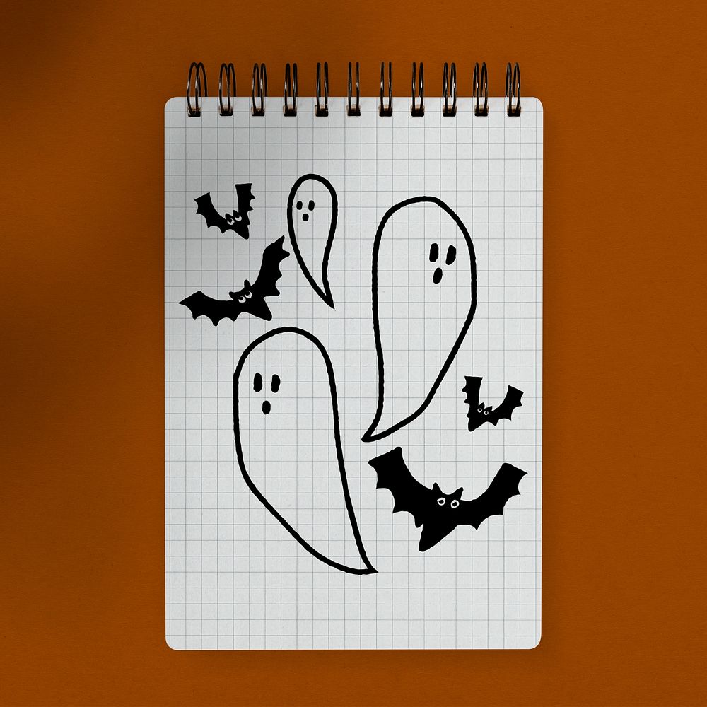 Notebook png, transparent cover mockup, Halloween autumn stationery, flat lay design