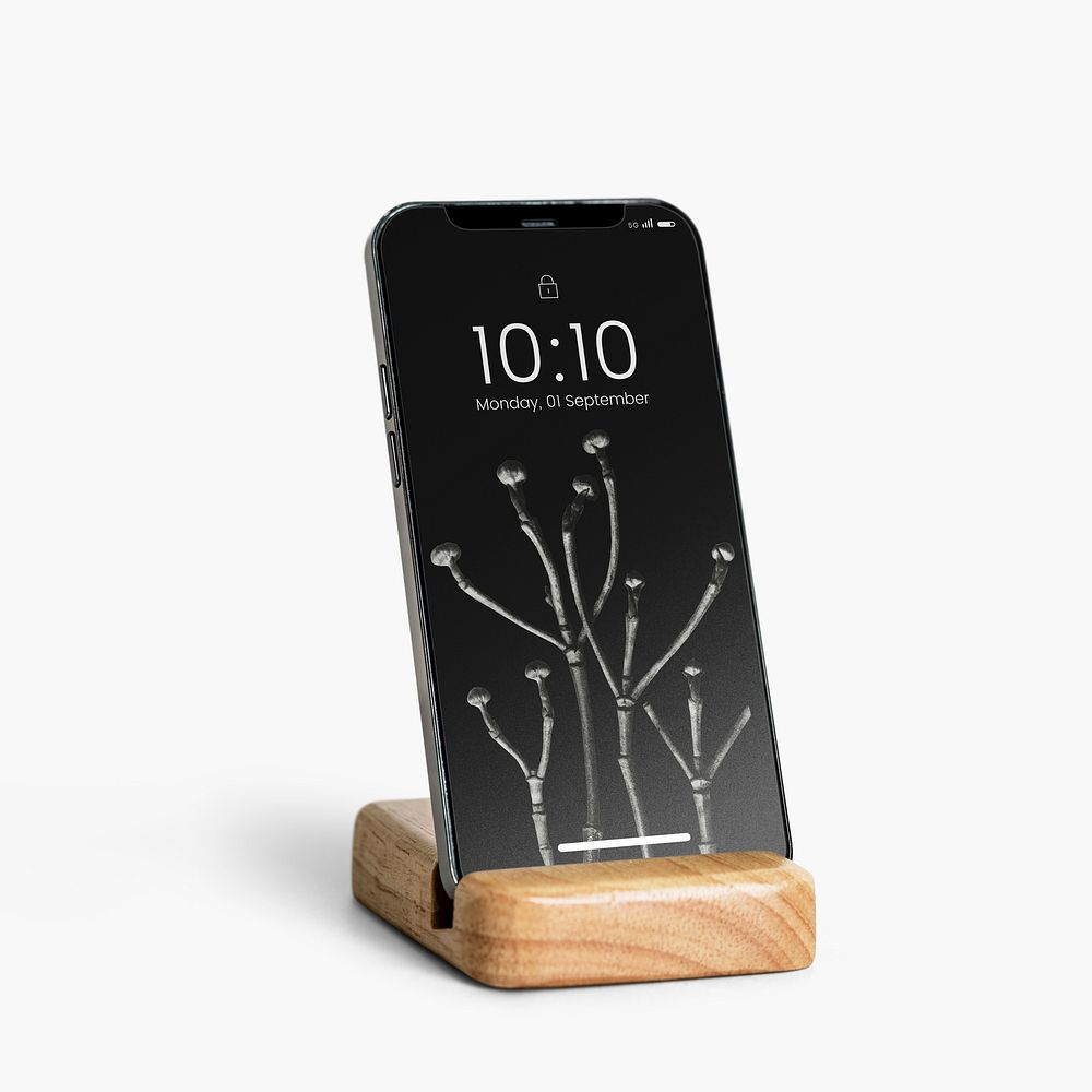 Phone screen mockup, aesthetic design, wooden holder psd