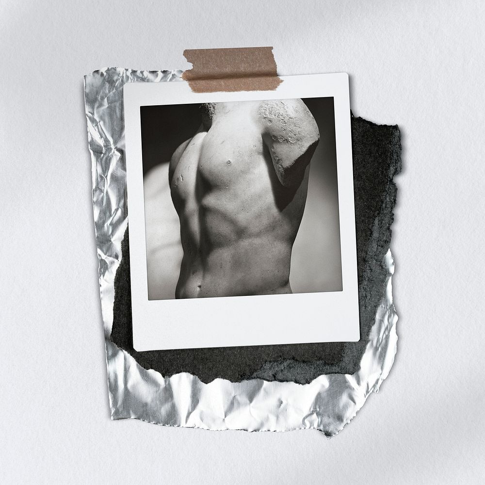 Instant photo frame mockup, Greek male body sculpture image psd