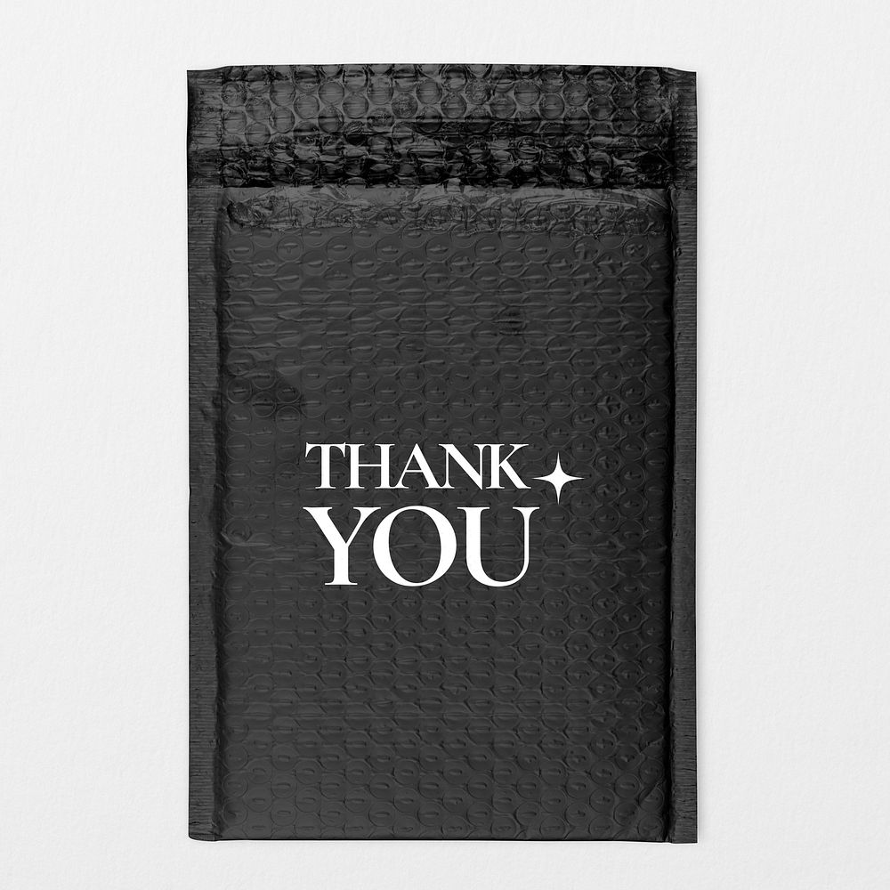 Black bubble mailer bag, thank you text, shipping packaging design