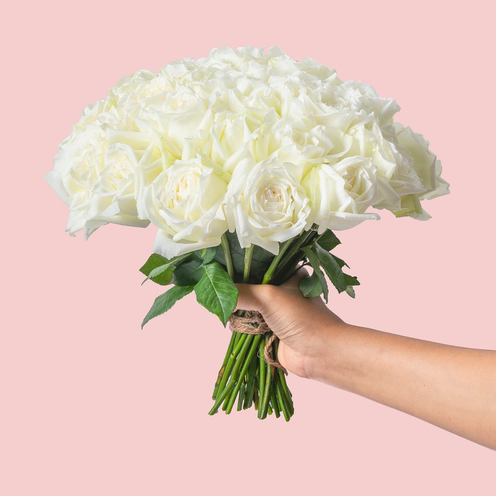 White rose bouquet, held by hand, collage element psd