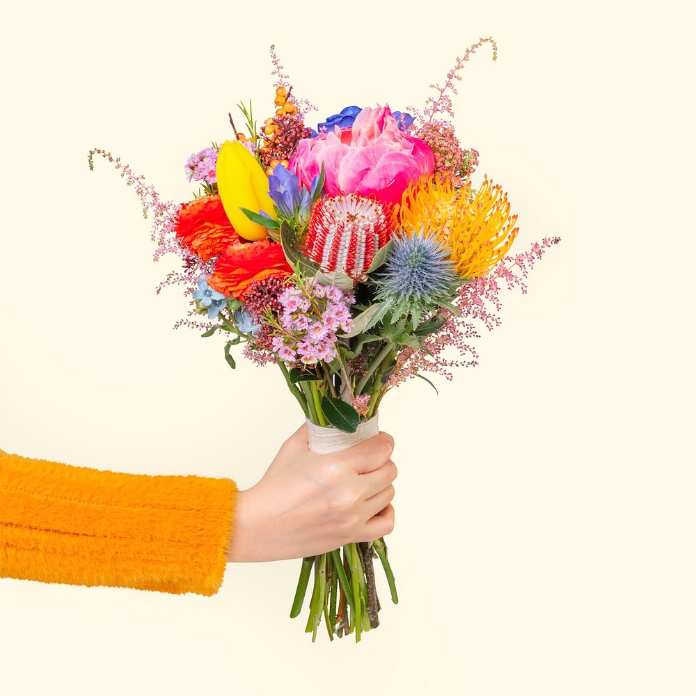 Hand holding flower bouquet, collage element psd