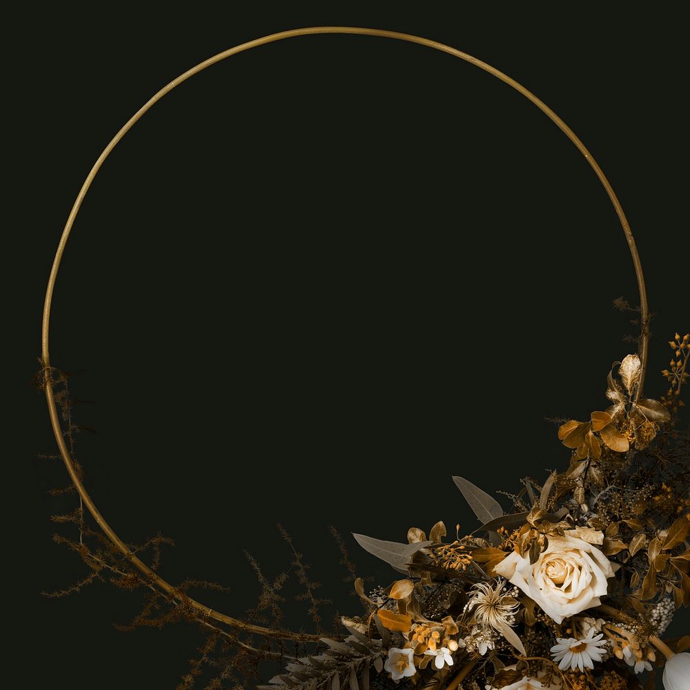 Floral round frame, black background, collage element psd
