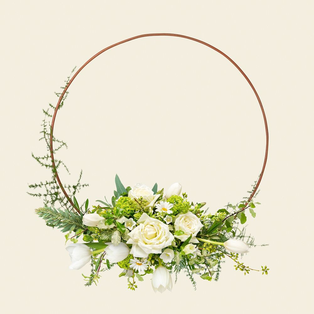 White flower round frame, isolated object psd