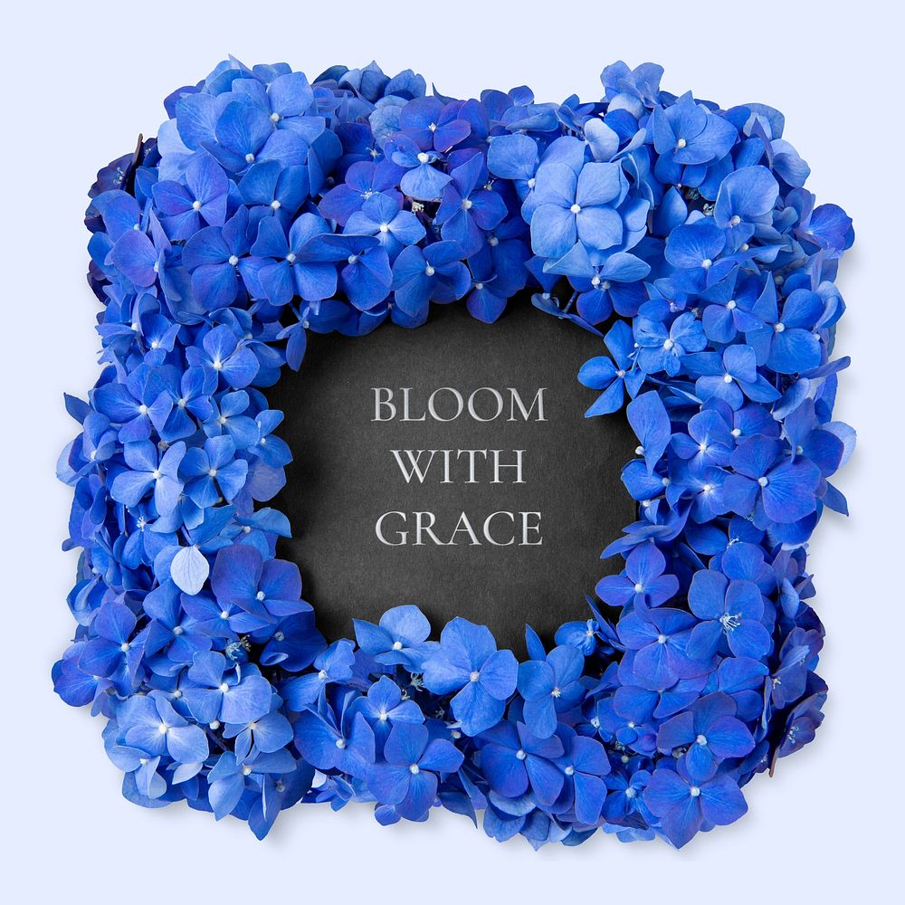Blue flower frame mockup, hydrangea square wreath design psd