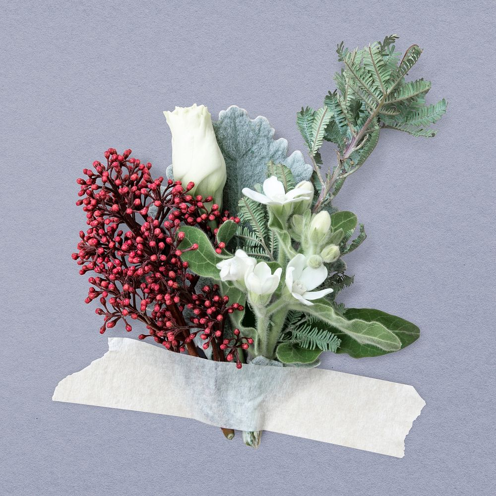 Flower bouquet, white paper tape, collage element design psd