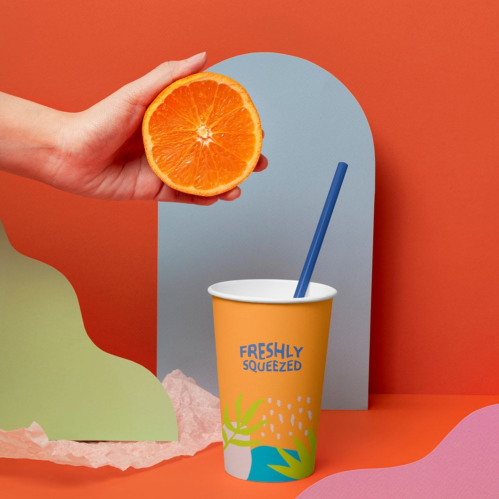 Paper cup mockup, aesthetic tropical packaging design psd