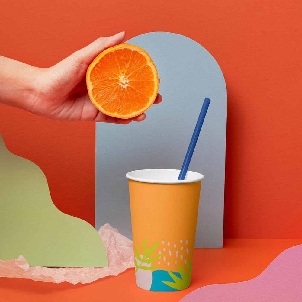 Orange paper cup, takeaway beverage packaging with design space
