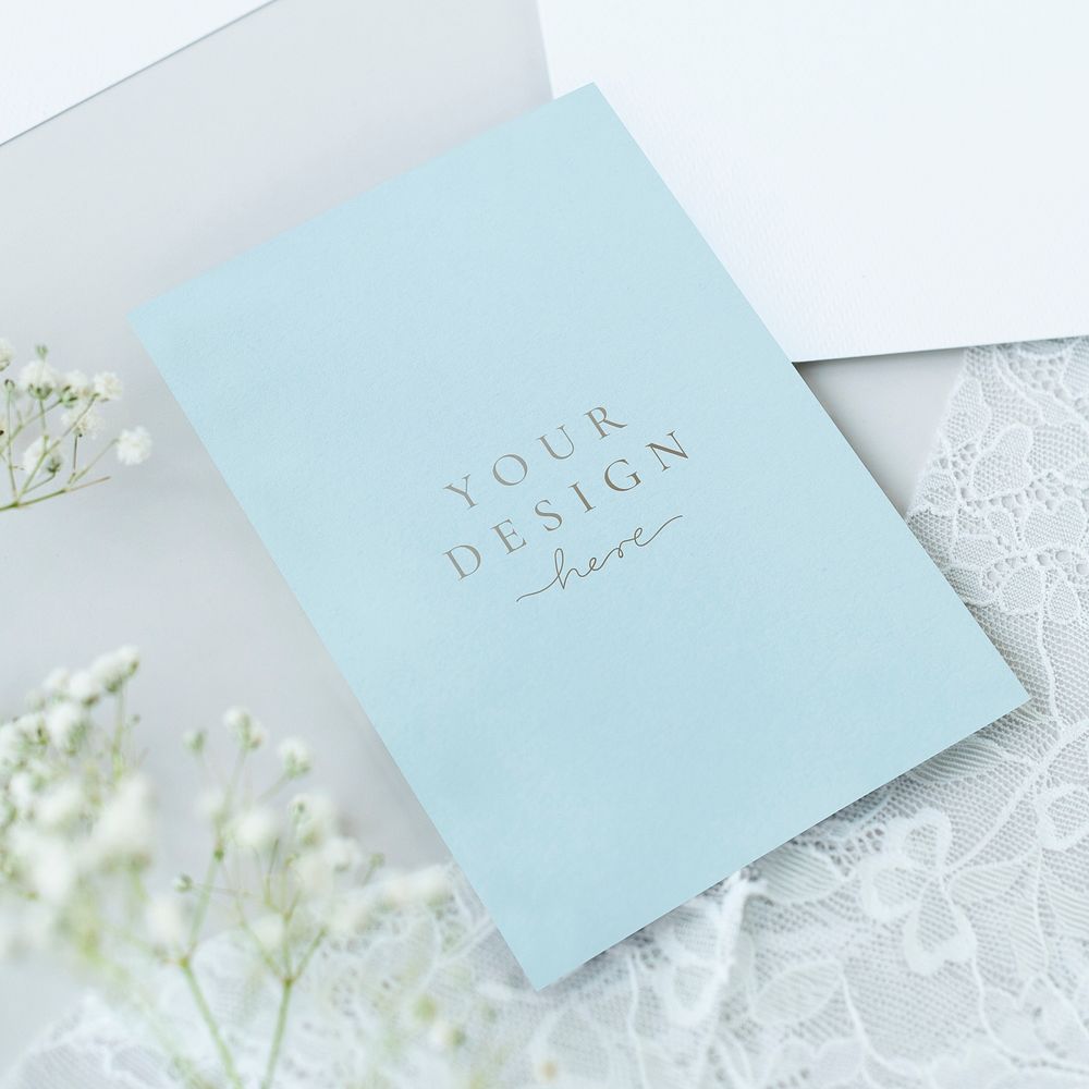 Botanical blue card mockup with white flower branch