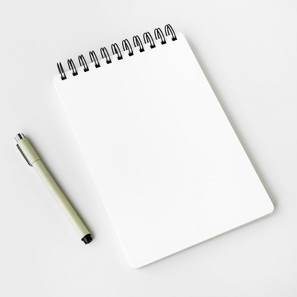 Blank plain white notebook with a pen mockup