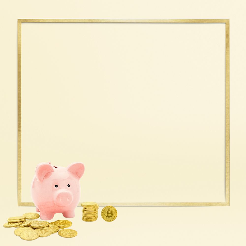 Pink piggy bank with bitcoins on a gold frame 