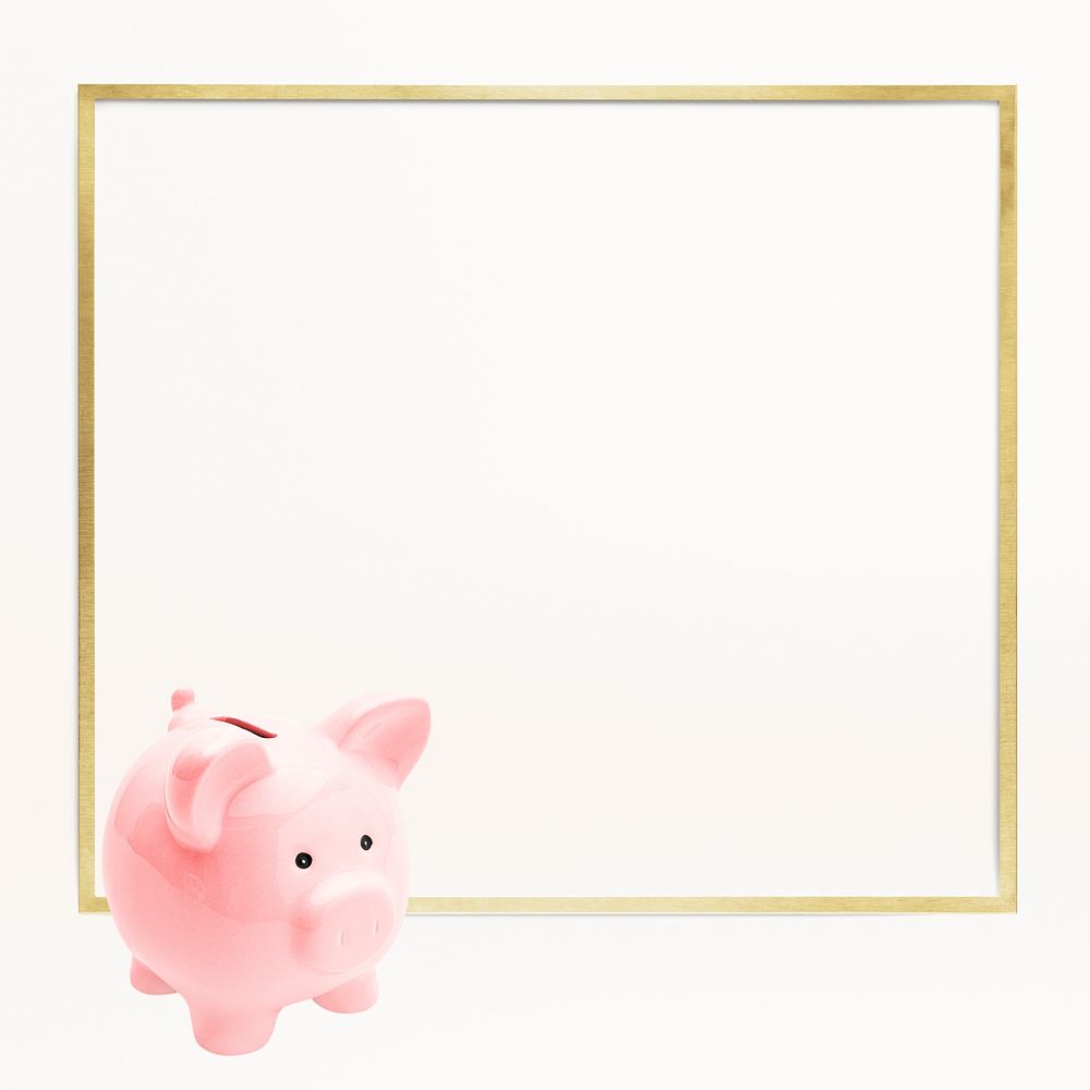 Piggy bank with a gold frame on a white background