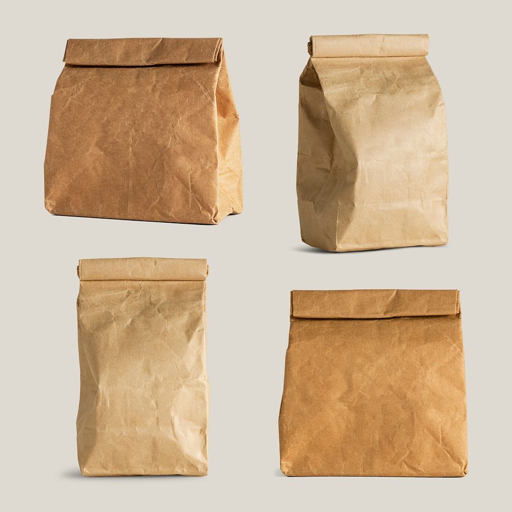 Rolled brown paper bag mockup set 