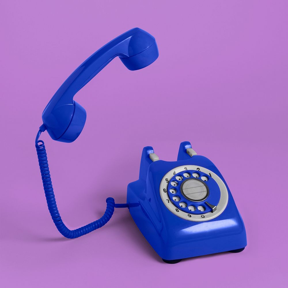 Dark blue retro rotary phone mockup on a purple background