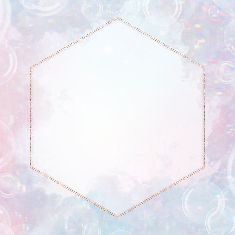 Glittery hexagon frame design element on a pastel soap bubble background
