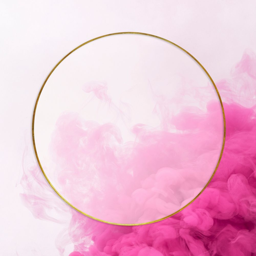 Round gold frame design element on a pink smoke effect patterned background