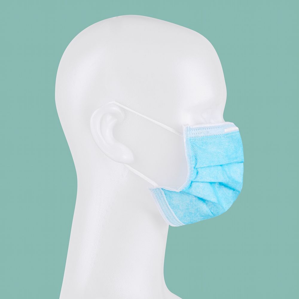 Blue disposable surgical face mask on a mannequin