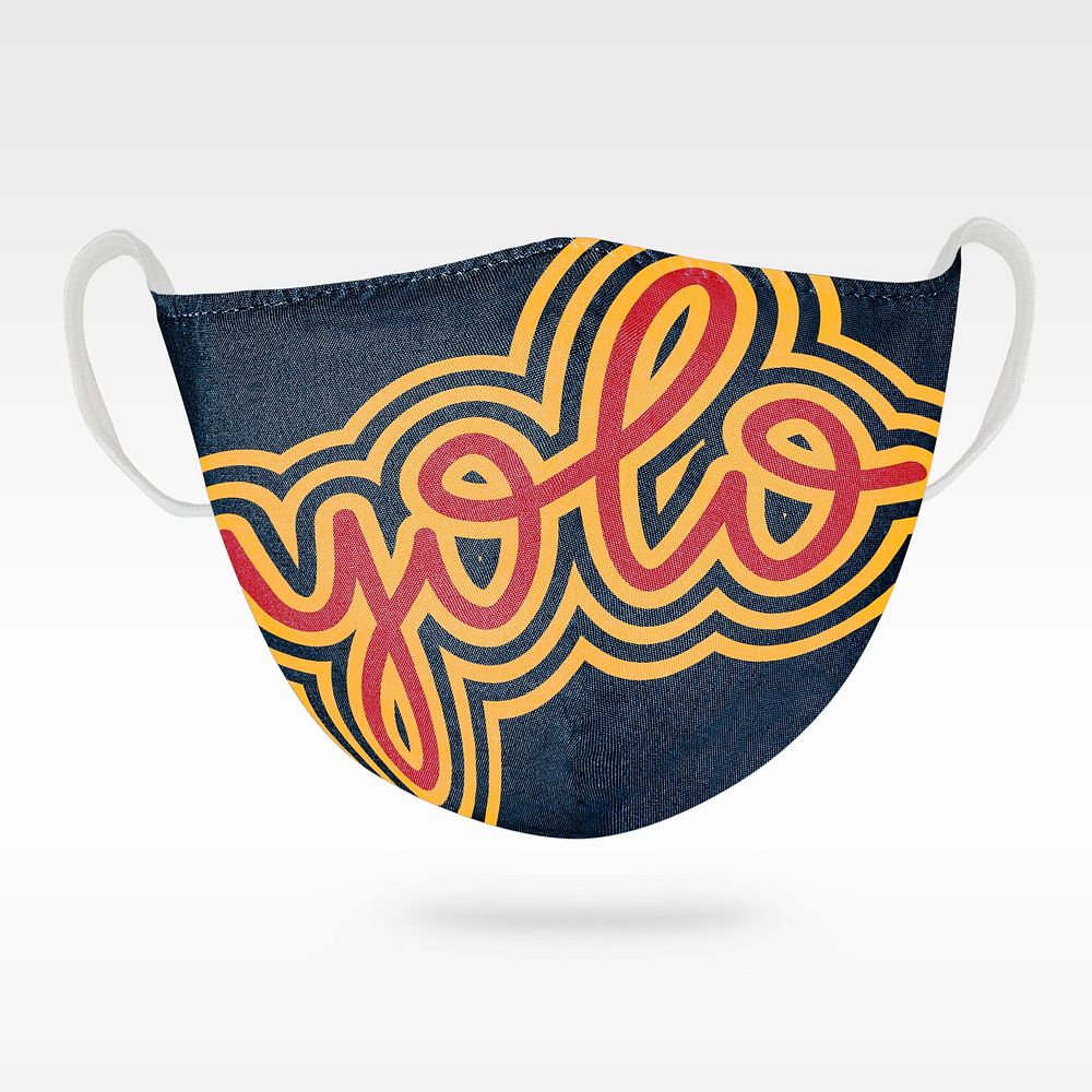 YOLO blue fabric face mask mockup