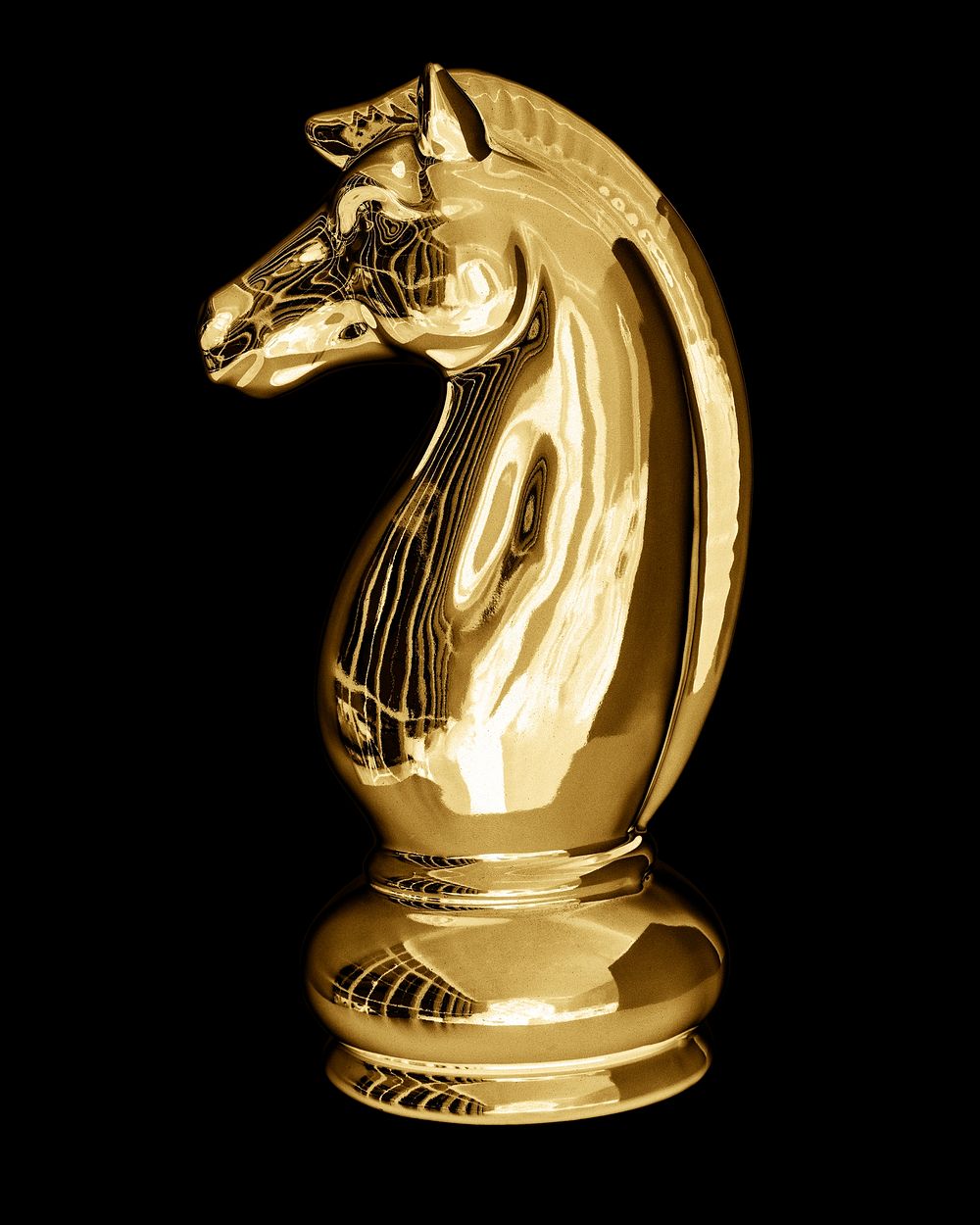Gold knight chess piece on black background