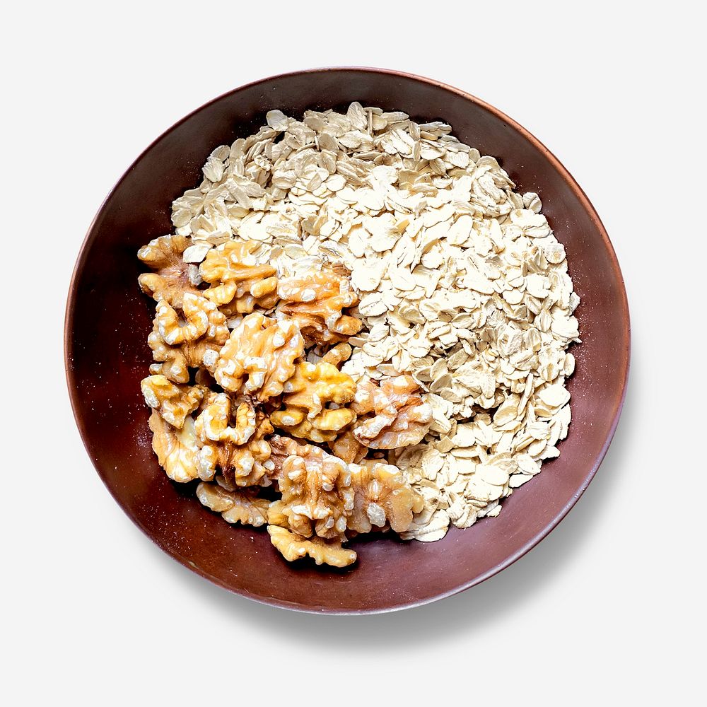 Psd oatmeal walnuts in bowl flat lay