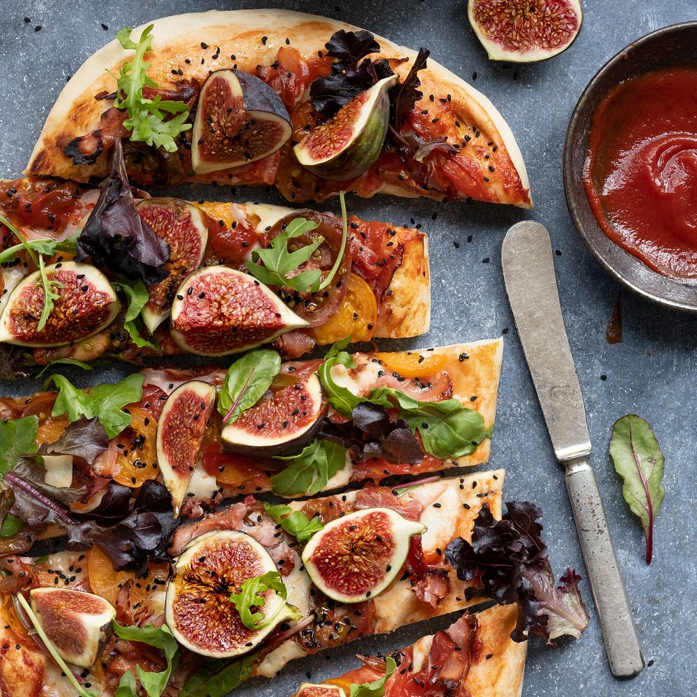 Pizza mozzarella fig and lettuce slices food photography