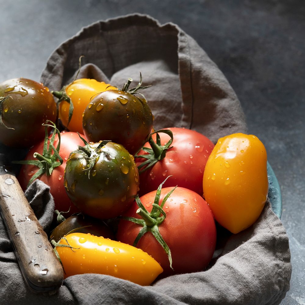 Fresh tomatoes vegetable in a sack flat lay