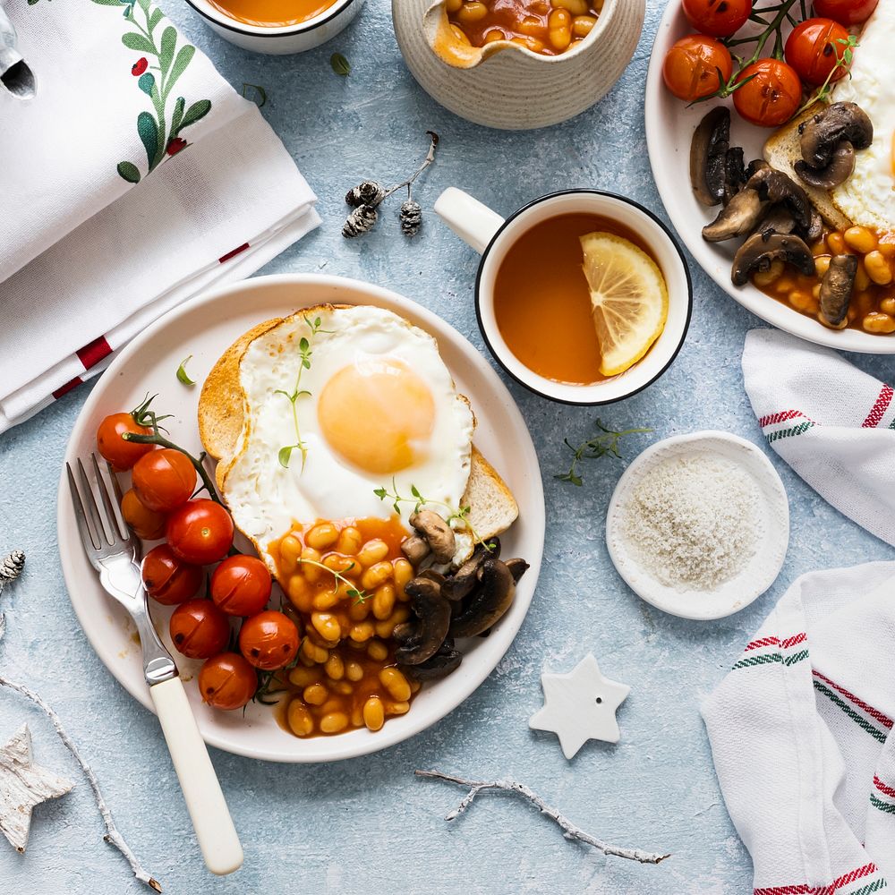 Holiday breakfast with beans toast and egg food photography