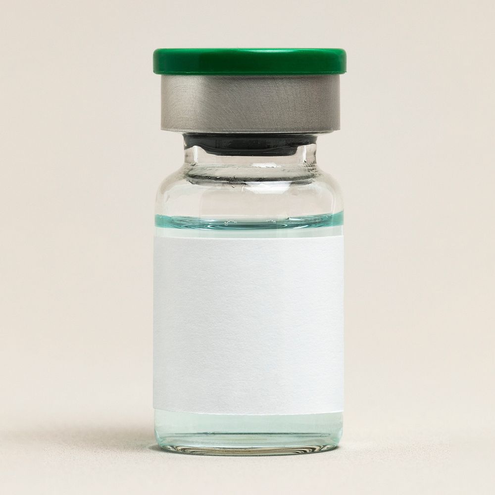 Injection glass vial label mockup psd with blue liquid
