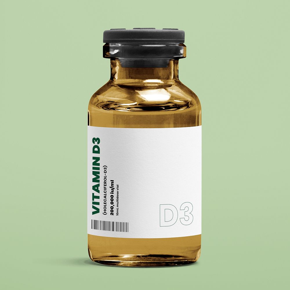 Amber injection bottle label mockup psd for vitamin D3