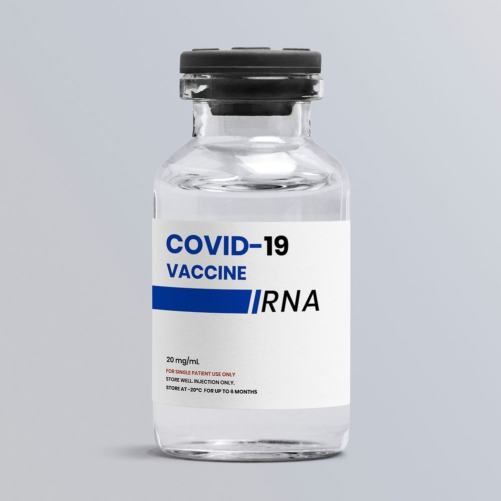Injection glass vial label mockup psd for COVID-19 RNA based vaccine