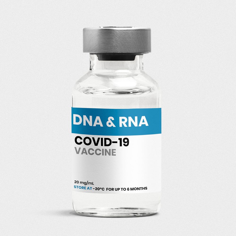 Injection glass vial label mockup psd for COVID-19 DNA&RNA vaccine