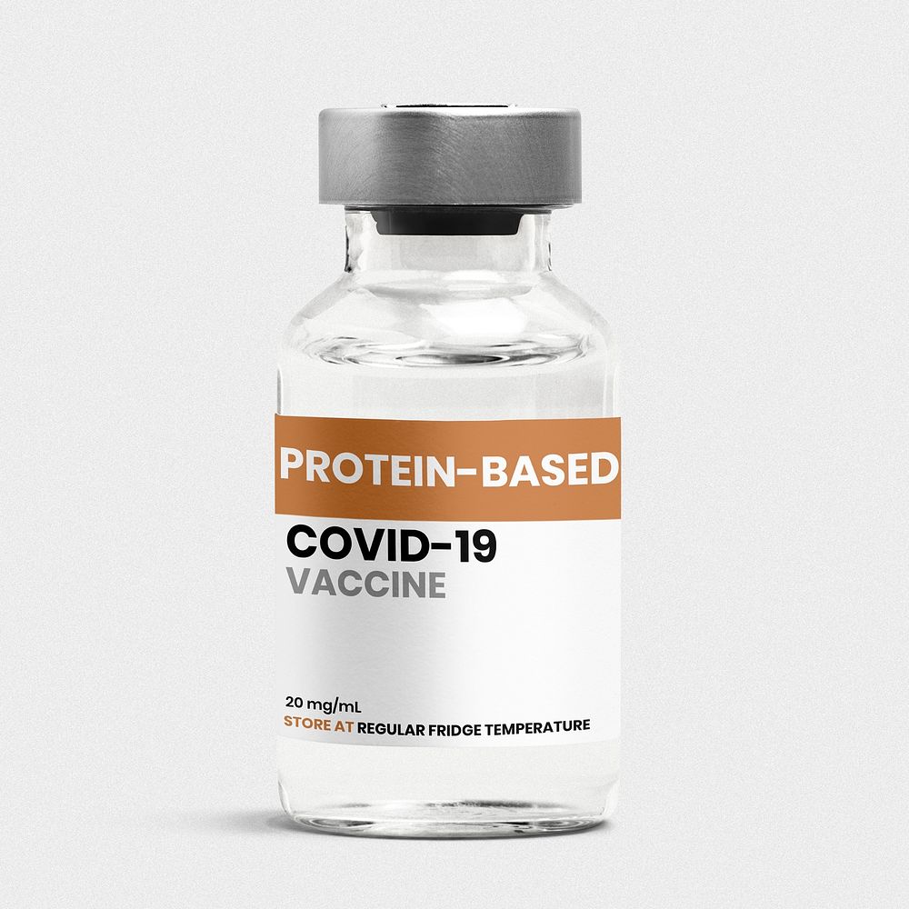 Injection glass vial label mockup psd for COVID-19 protein-based subunit vaccine