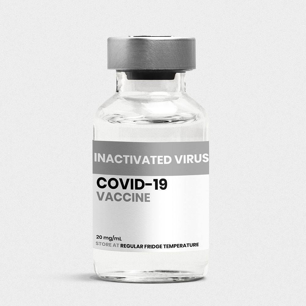 Injection glass vial label mockup psd for COVID-19 inactivated virus vaccine