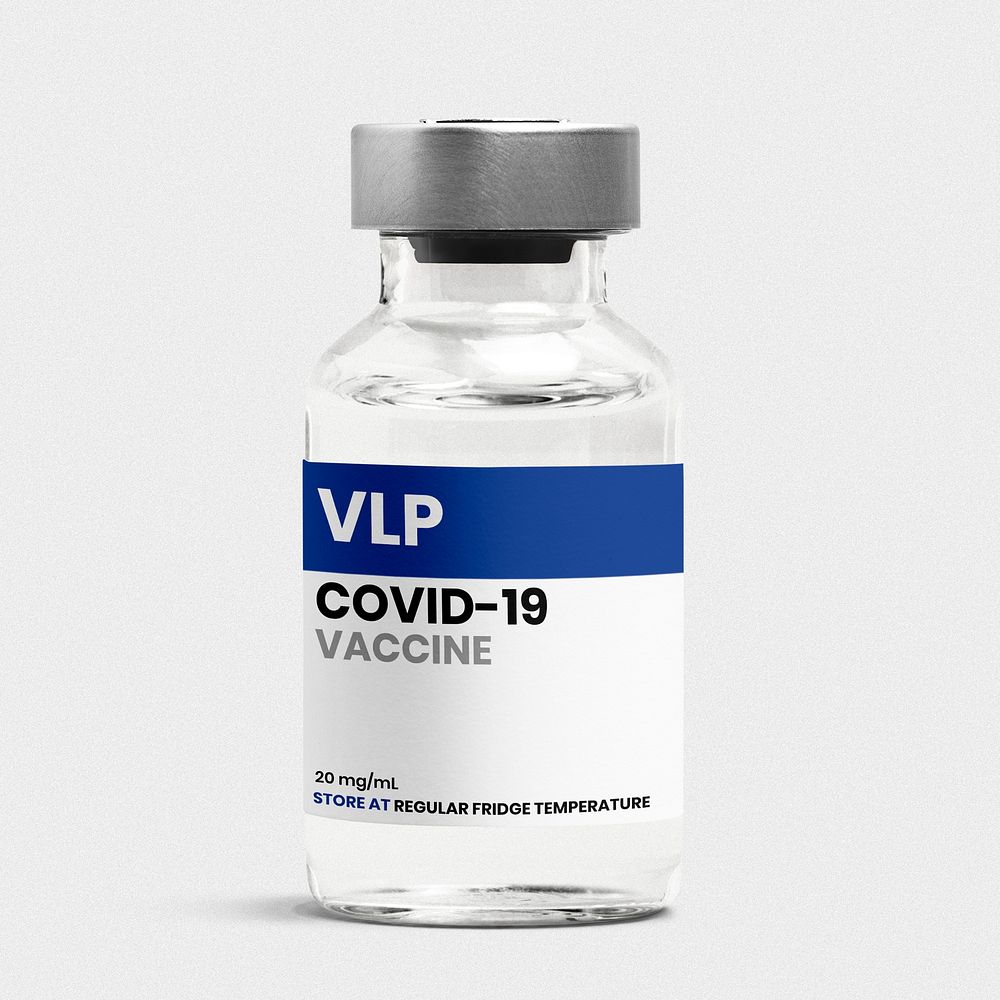 Injection glass vial label mockup psd for COVID-19 VLP vaccine