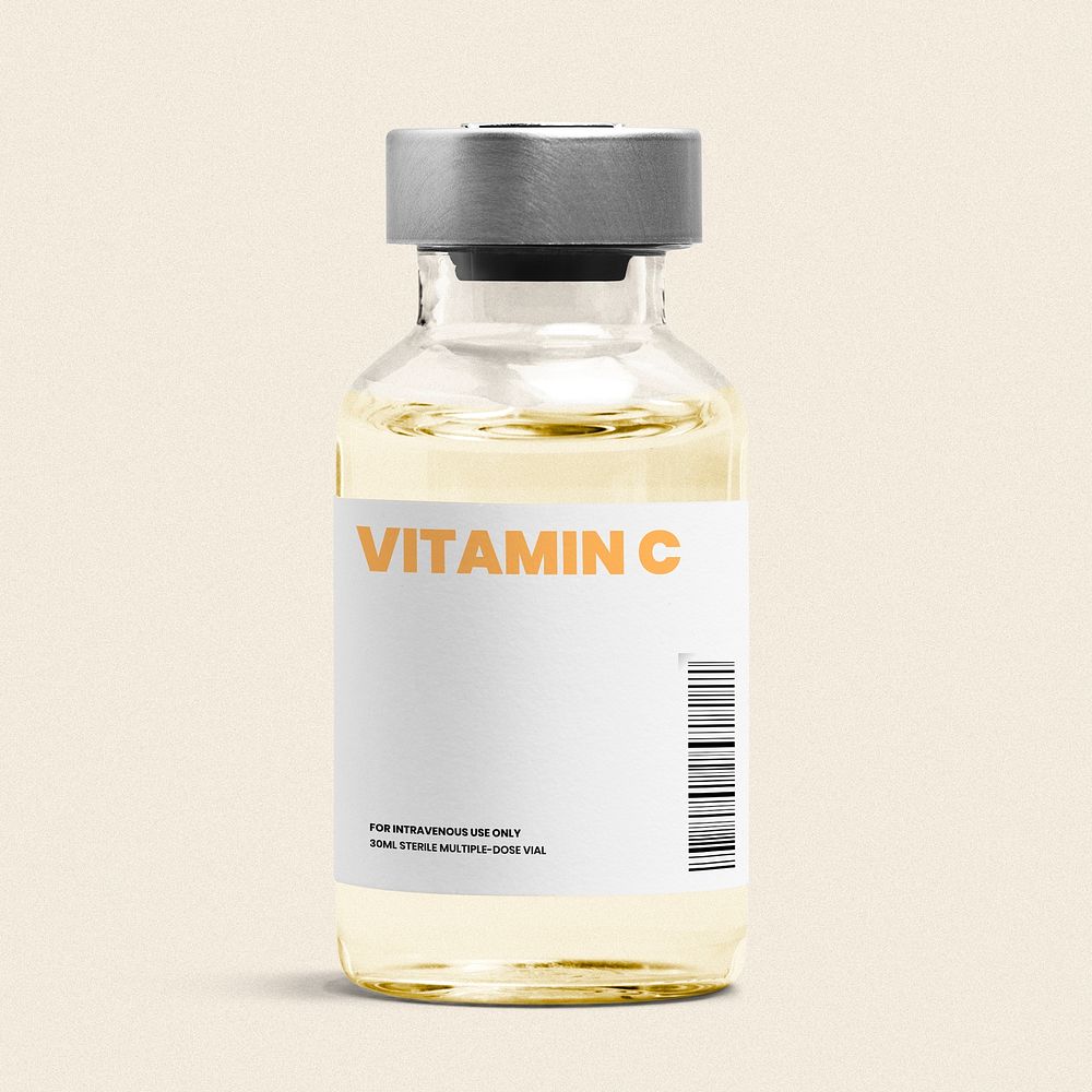 Vitamin C injection vial label mockup glass bottle psd with yellow liquid
