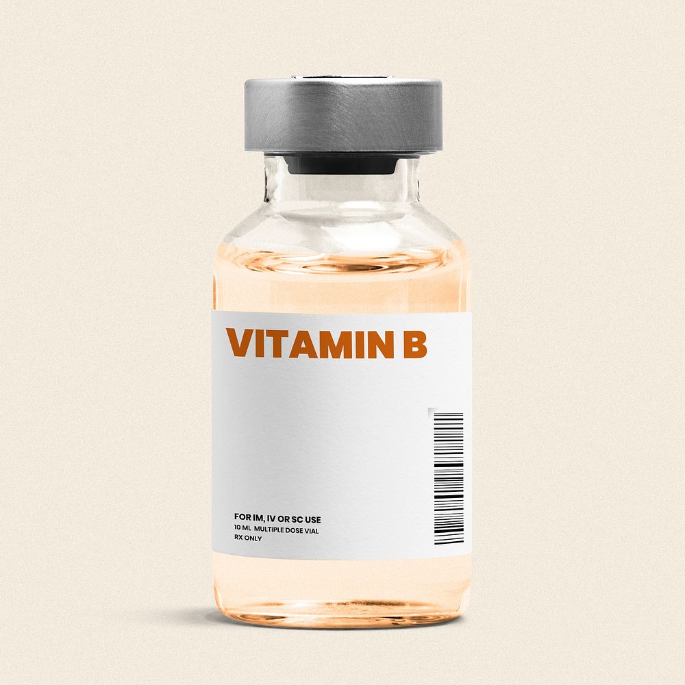 Vitamin B injection vial label mockup glass bottle psd with orange liquid