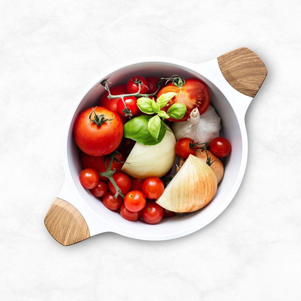 Mixed vegetables in a ceramic pot layer psd flat lay